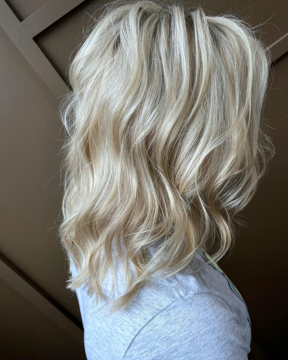 Medium-length blonde hair with bright highlights in soft waves, seen from behind