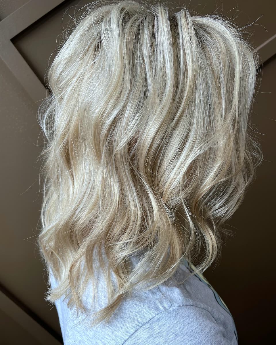 Medium-length blonde hair with bright highlights in soft waves, seen from behind