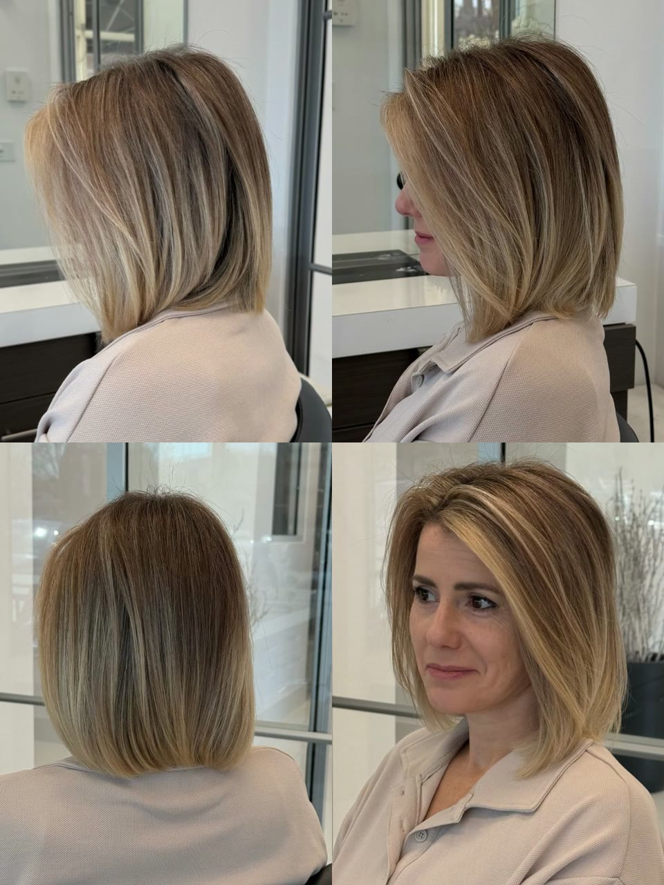 Four views of a straight bob ending above the shoulders, with a darker root and lighter blonde pieces, brightest around the face
