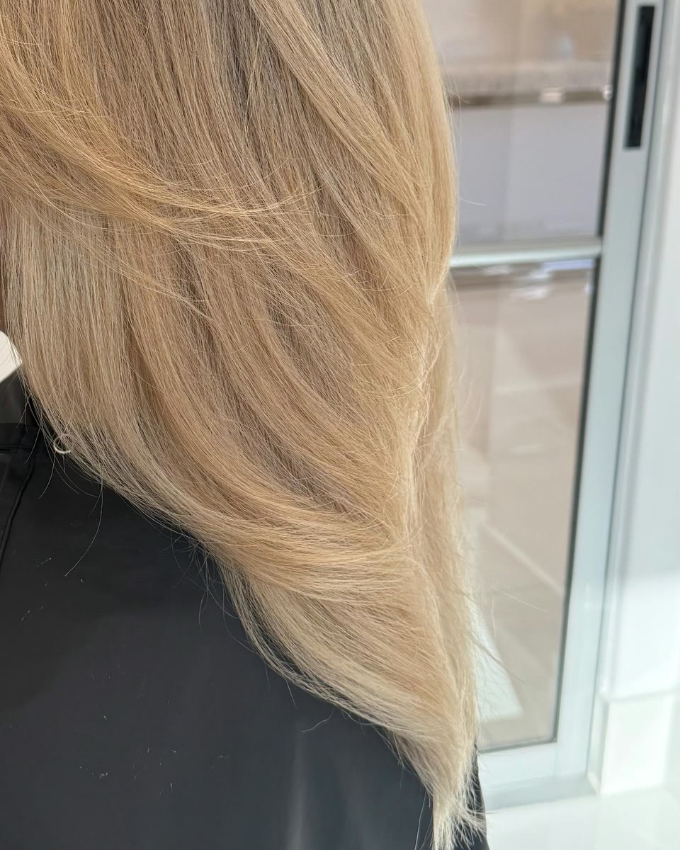 Long, layered light golden-blonde hair, seen in profile