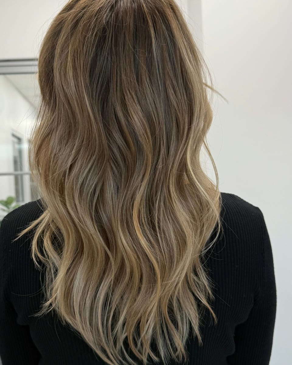 Long, wavy hair with a brown root blending into lighter golden-blonde lengths, seen from behind