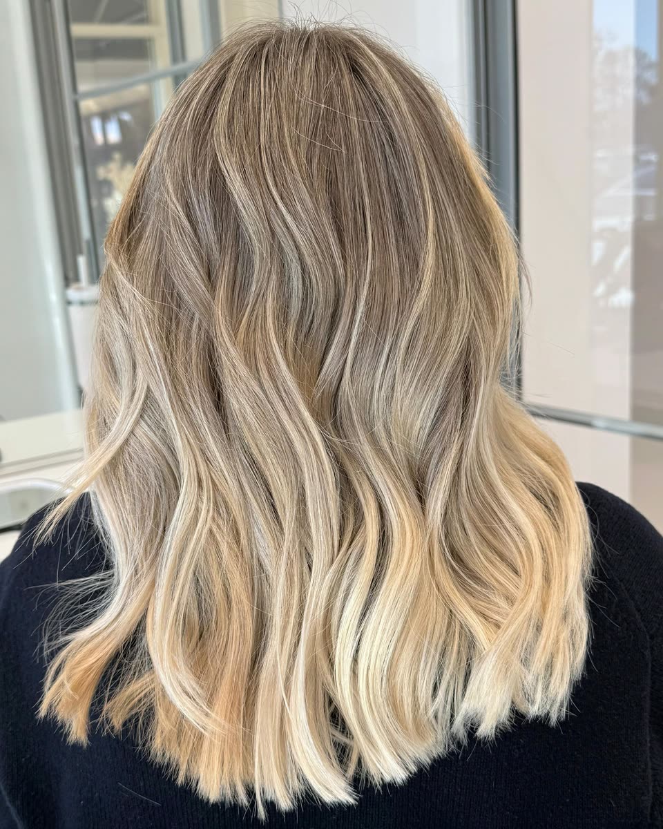 Medium-length bronde hair blending into bright blonde ends, in loose waves, seen from behind