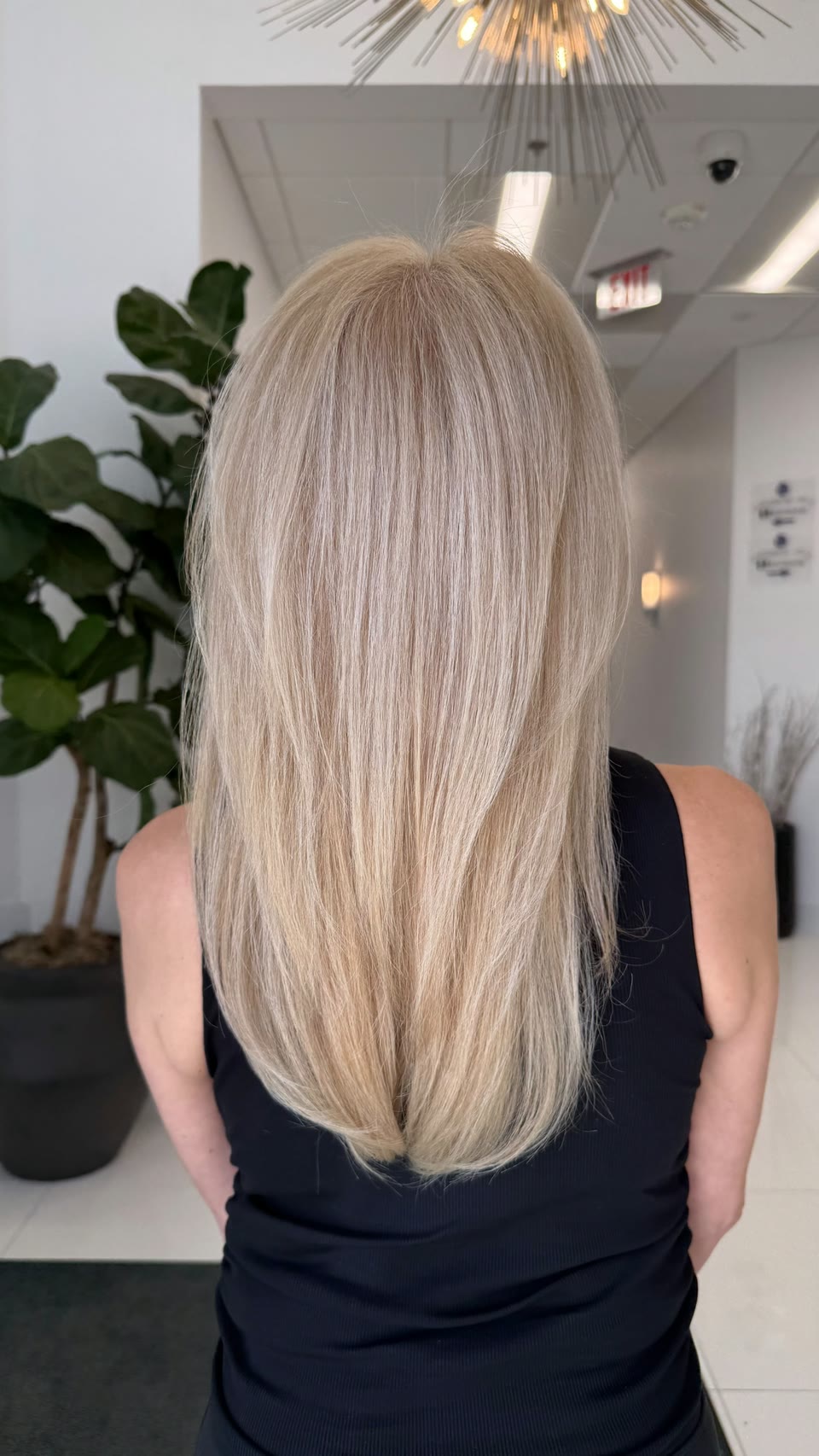Long, straight beige-blonde hair with soft layers, seen from behind