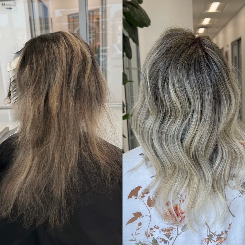 Before and after: dry, uneven brown hair transformed into ash-blonde balayage waves with a dark root