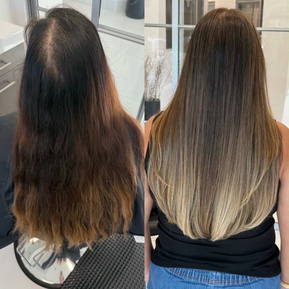 Before and after: dark hair with brassy, uneven ends transformed into a smooth brunette-to-blonde balayage